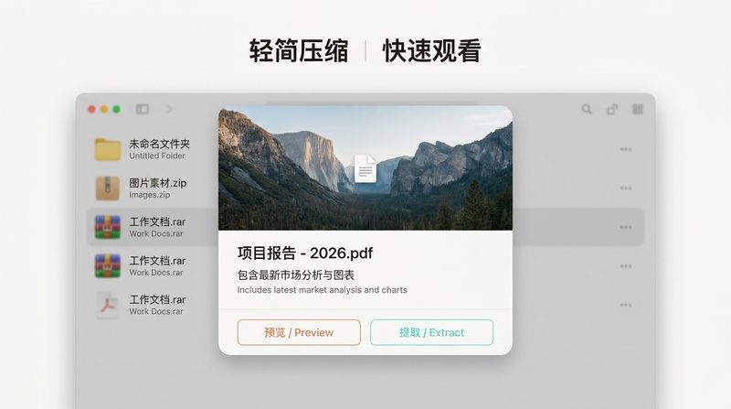 轻简压缩包秒级内容预览面板界面